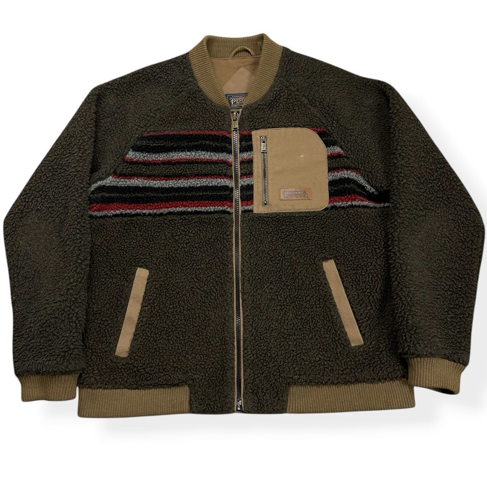 Pendleton Lodgepine Fleece Bomber Jacket Full Zip Striped Brown Men's Size XL